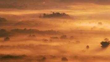 schilderachtig uitzicht op bergen met mist die zich bij zonsopgang beweegt video