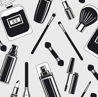 Conjunto de pinceles de maquillaje y patrón de productos. vector