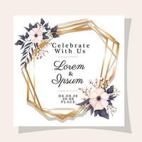 Wedding invitation with gold frame flowers and leaves vector design