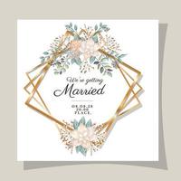 Wedding invitation with gold frame flowers and leaves vector design