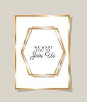 Wedding invitation with gold frame vector design