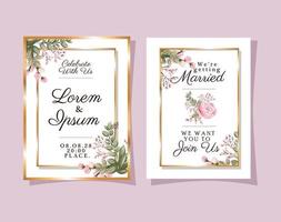 Two wedding invitations with gold frames pink flowers and leaves vector design