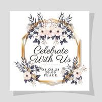 Wedding invitation with gold frame flowers and leaves vector design