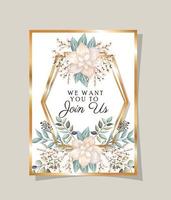 Wedding invitation with gold frame flowers and leaves vector design