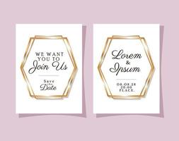 Two wedding invitations with gold frames vector design