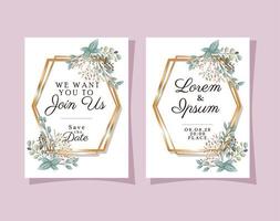 Dos invitaciones de boda con marcos dorados, flores y hojas de diseño vectorial vector