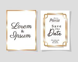 Two wedding invitations with gold frames vector design