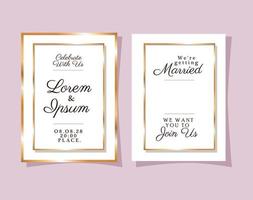 Two wedding invitations with gold frames vector design