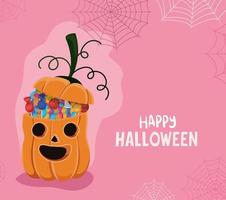 calabaza de halloween con caramelos y telarañas diseño vectorial vector
