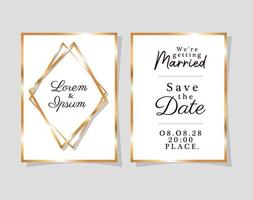 Two wedding invitations with gold frames vector design