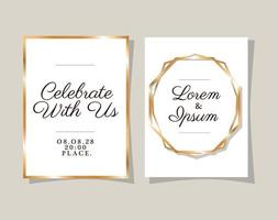 Two wedding invitations with gold frames vector design