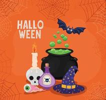 Halloween witch cauldron, hat and poison with spiderwebs frame vector design