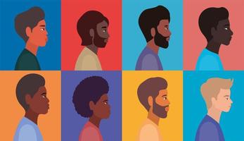 diversos perfiles de hombres en marcos multicolores vector