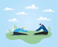 Senior citizen couple doing yoga at the park vector design