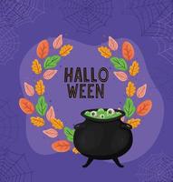 Halloween witch cauldron with leaves and spiderwebs vector design