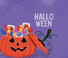 Halloween pumpkin with candies and spiderwebs vector design