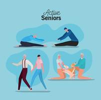 Active senior citizen couples doing activities vector