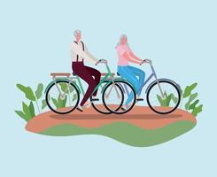 Senior citizen couple riding bikes vector design