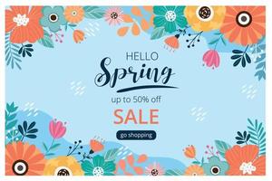 Hello spring sale banner with blossom bloom. Sale banner. Vector illustration. Hand drawn.