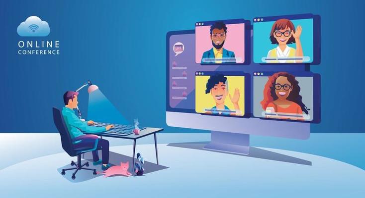 Virtual event People using Video conference, Working Businessman on window screen taking with colleagues. Videoconferencing and online meeting workspace page, men and women learning Vector, Flat