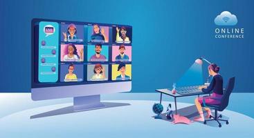 personas de eventos virtuales que utilizan videoconferencia, empresaria que trabaja en la pantalla de la ventana con sus colegas. página de espacio de trabajo de videoconferencia y reunión en línea, vector de aprendizaje de hombres y mujeres, plano