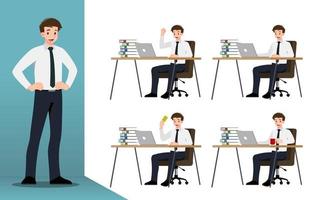 Flat design concept of Businessman with different poses, working and presenting process gestures, actions and poses. Vector cartoon character design set.