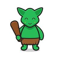 cute green goblin mascot character holding cudgel vector