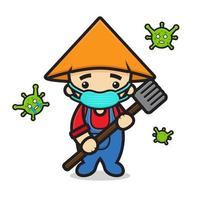 Lindo personaje de mascota de granjero lucha contra la ilustración de icono de vector de dibujos animados de virus