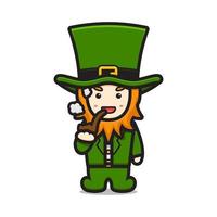 Cute leprechaun saint patrick day character pipe smoking cartoon vector icon illustration