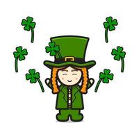 Cute leprechaun saint patrick day character celebrate with clover cartoon vector icon illustration