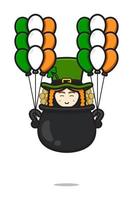 Cute leprechaun saint patrick day character flying with balloon cartoon vector icon illustration