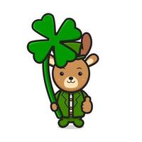 Cute deer leprechaun saint patrick day character holding clover cartoon vector icon illustration