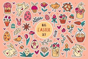 Easter doodle hand drawn vector set of elements, clip arts, stickers. Line art design. Isolated on background. Easter cakes, rabbits, muffins, plants, eggs, spices, flowers.