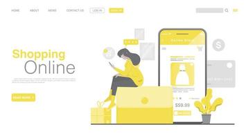 Shopping Online And Online Payment On Website Or Mobile Application. Online Payment Landing page in Flat Style. vector