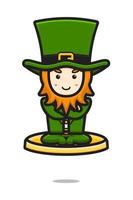 Cute leprechaun saint patrick day character flying with gold coin cartoon vector icon illustration