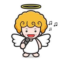 cute angel cartoon character singing with mic vector