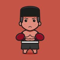 Cute boxer character with double punch pose cartoon vector icon illustration