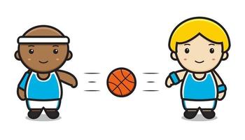 cute two boys playing basketball passing vector