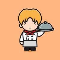 Cute chef character holding hot plate cartoon vector icon illustration