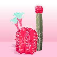 Vector realista detallado de impactante cactus rosa y verde sobre fondo rosa pastel.