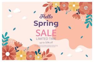 Hello spring sale banner with blossom bloom. Sale banner. Vector illustration. Hand drawn.