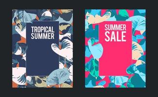 Exotic botanic tropical summer card set 2 style, with space for text. hand draw flat minimal vector template