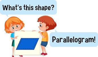 Kids holding parallelogram shape banner with What's this shape font vector