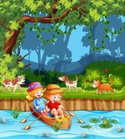 Children row the boat in the stream forest scene vector