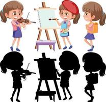 Set of a girl cartoon character doing different activities with its silhouette vector