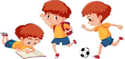 Set of a boy cartoon character doing different activities vector