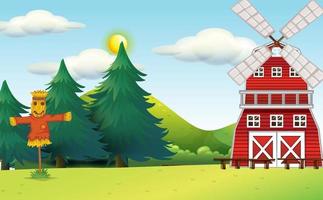 Outdoor scene with windmill and scarecrow vector
