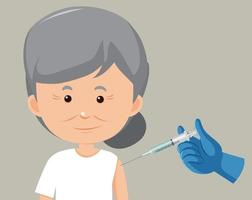 Cartoon character of an old woman getting a vaccine vector