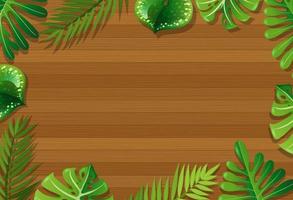 Top view of blank wooden table with leaves elements vector