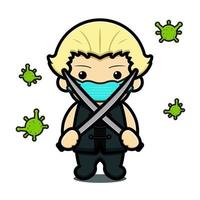 Cute boy holding sword fight against virus cartoon vector icon illustration